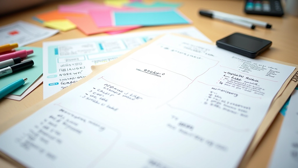 Různé metody psaní poznámek — Cornell system, mind mapping, tradiční poznámky — na jednom pracovním stole