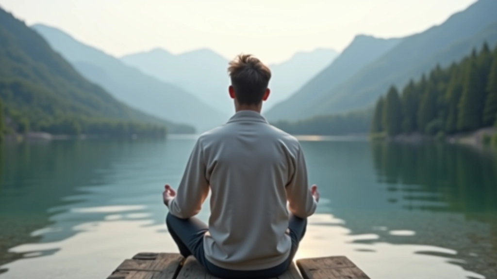 Muž meditující v přirozeném prostředí u jezera s horami v pozadí, která zobrazuje klid a harmonii s přírodou
