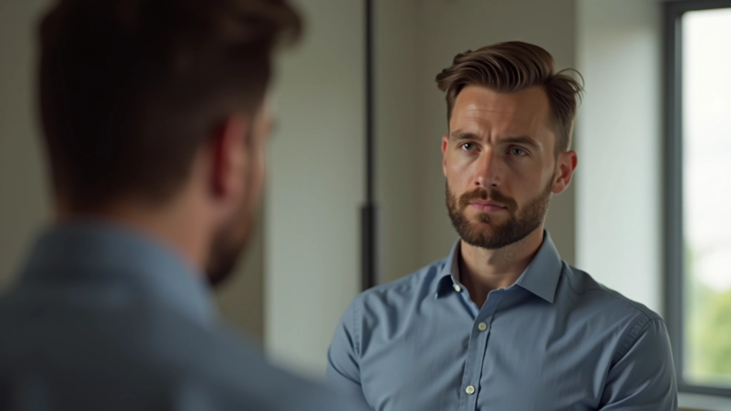 Muž stojí před zrcadlem a pracuje na sebevědomí a pozitivním sebeobrazu