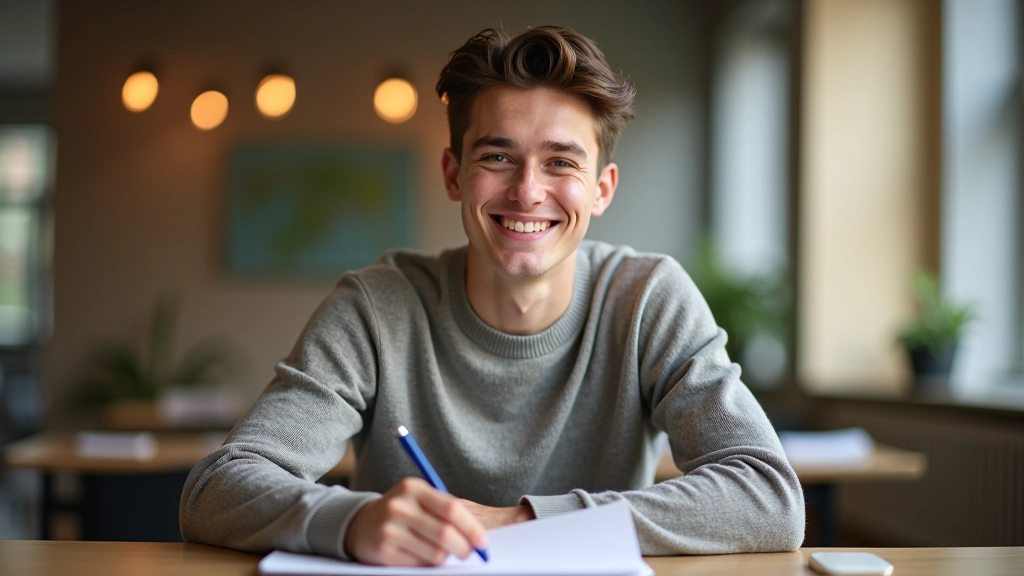 Mladý člověk s úsměvem sedí u počítače s notebookem, vypadá motivovaně a připraven na studium