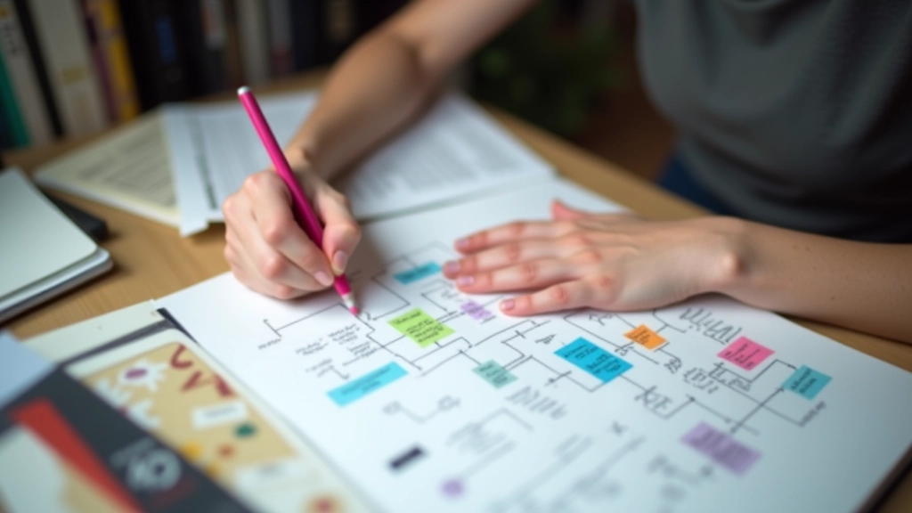 Člověk psát na notebooku s grafikou a diagramy znázorňujícími spojení mezi koncepty