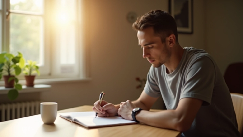 Osoba si dělá poznámky v deníku s reflexí a sebeuvědoměním