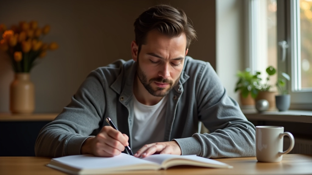 Osoba si píše poznámky v deníku o své mindfulness praxi a sleduje svůj pokrok