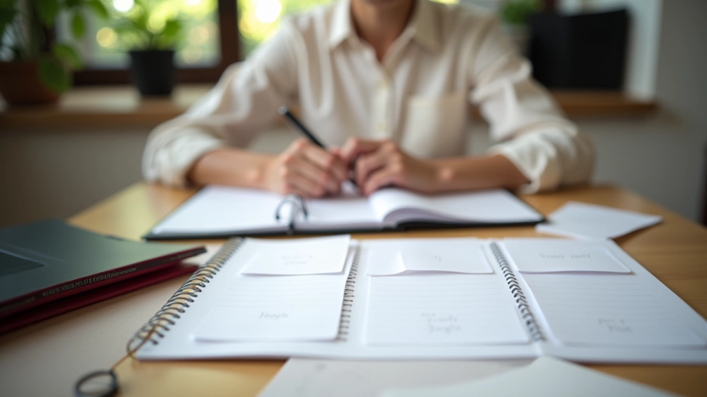 Osoba sedící u stolu s diagramem paměti a flashcards rozloženými v pořádku