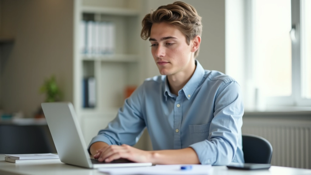 Student pracuje na notebooku s poznámkami a učebnicemi na stole, zaměřený na studium