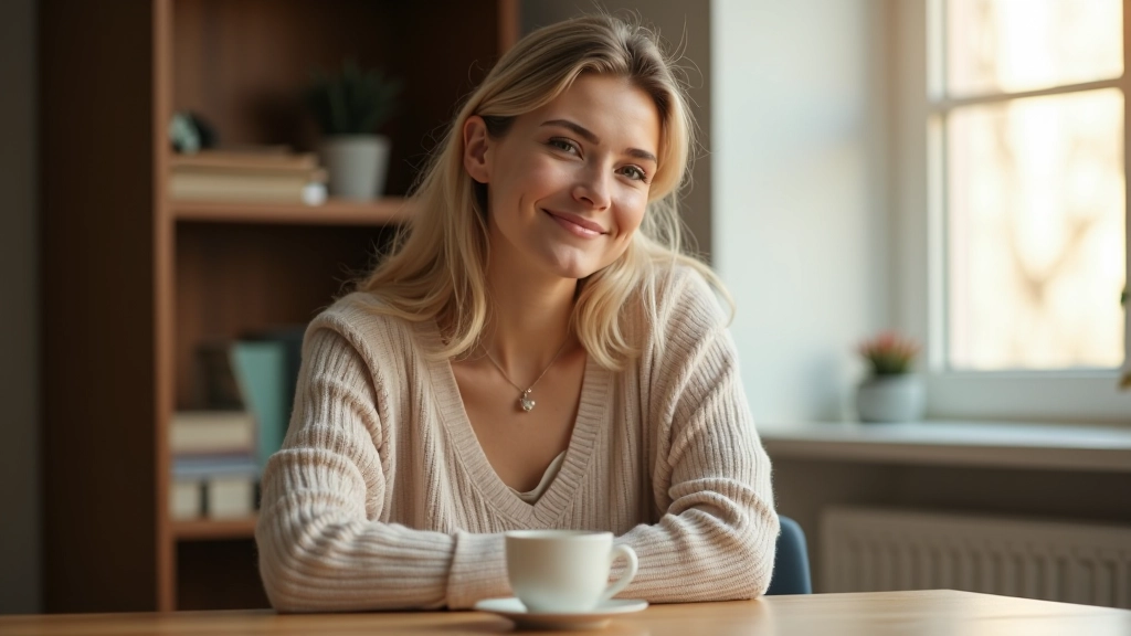 Žena sedící u stolu s šálkem čaje, která se soustředí na přítomný moment a má klidný výraz