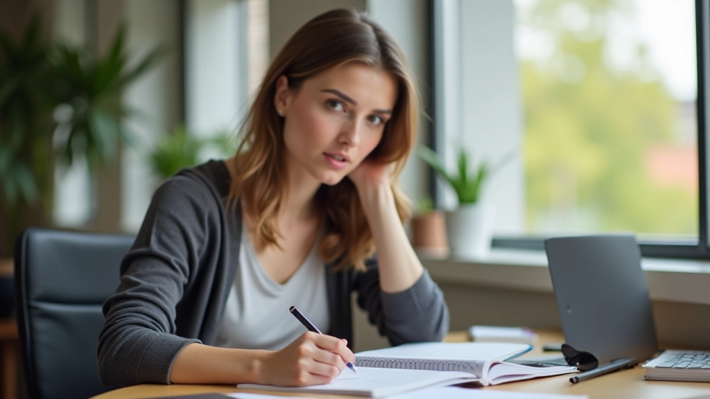 Žena psaní plánu do notebooku, soustředěný výraz, slunečné pracovní prostředí