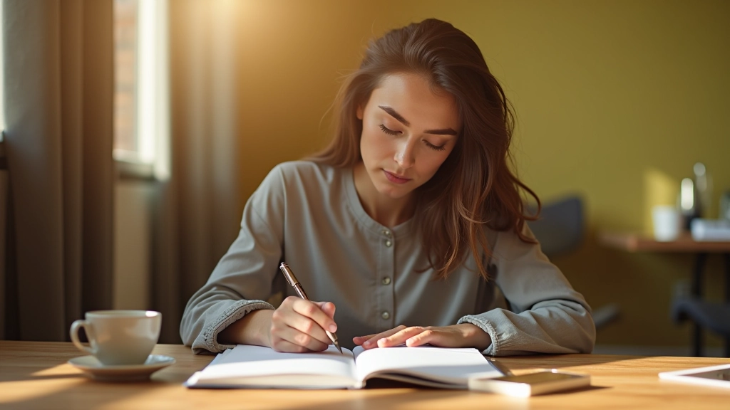 Žena sedí u stolu s notebookem, která si dělá poznámky během učení a osobního rozvoje